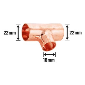 Raccordo a T di riduzione in rame, 22 mm x 18 mm x 22 mm, per impianti con tubi in rame.