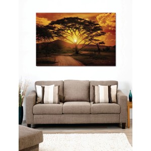 Quadro su tela Sunset Savanna, 65x97 cm. Savana africana con albero e tramonto.