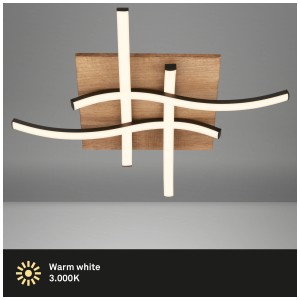 Plafonnier LED Briloner avec décor bois et forme ondulée. Lampe de plafond moderne avec lumière blanc chaud.