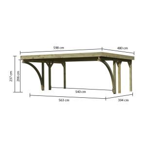 Karibu Doppelcarport Classic aus Holz mit PVC Dachplatten und Maßangaben.