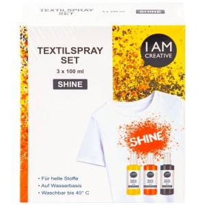 I Am Creative Set spray tessuti Shine, 3 colori: Giallo neon, Arancio neon, Nero. Per tessuti chiari.