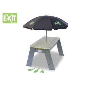 EXIT Aksent tavolo sabbia e acqua con parasole e attrezzi da giardino in legno.