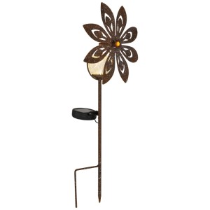 Rostfarbene Globo Solarleuchte Blume aus Metall, 50cm hoch, mit Glaskugel und gelbem Kristall.