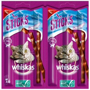 Whiskas Snacksticks Lachs, 6er-Packung Katzenleckerli mit Fisch.
