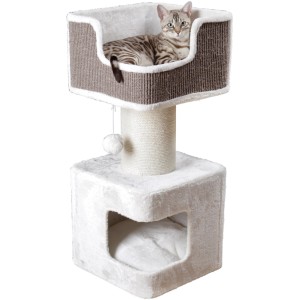Arbre à chat Trixie Ava, 86 cm, blanc/gris avec chat dans la niche supérieure.