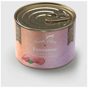 Terra Felis Famousse pâtée chat Poulet & Dinde 200g. Boîte, étiquette colorée, illustration de viande, 100% qualité alimentaire.