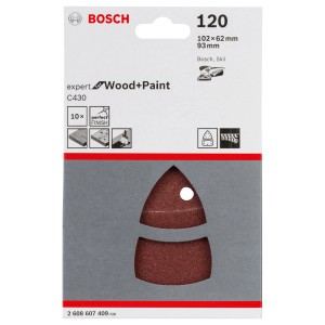 Lot de 10 feuilles abrasives Bosch C430, grain 120, pour ponceuses multifonctions.