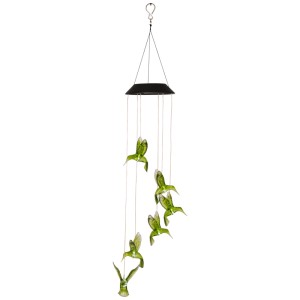 Lumière décorative solaire LED colibri verte avec 6 lumières blanc chaud pour jardin et balcon.