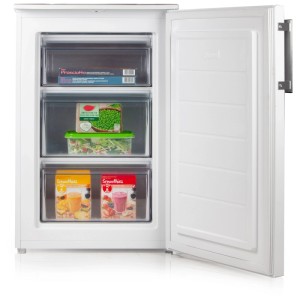 Congelatore Domo DO1071DV bianco con tre cassetti trasparenti, porta aperta.