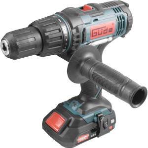 Trapano avvitatore a percussione a batteria Güde BSB 20-201 24 K con impugnatura supplementare e batteria.