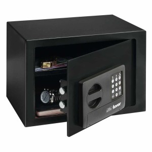 Cassaforte per mobili Burg-Wächter Favor S5 E nera aperta con serratura elettronica e contenuto.