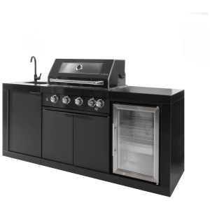 Cuisine d'extérieur Buschbeck Liverpool avec grill, évier et réfrigérateur en noir.