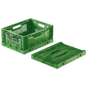 Boîte pliante verte Clever-Fresh-Box Advance, 17 litres, avec poignées grises, ouverte et pliée.