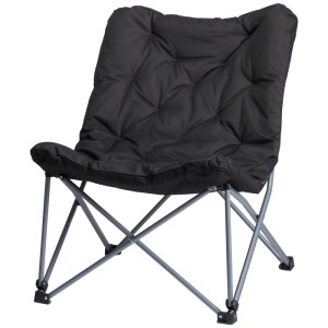 Sedia da campeggio pieghevole nera in acciaio e poliestere con imbottitura per un elevato comfort di seduta.