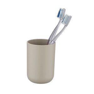 Wenko Zahnputzbecher Brasil in Taupe mit zwei Zahnbürsten.