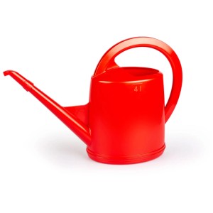 Arrosoir rouge en plastique pour plantes d'intérieur, capacité 4L avec bec verseur amovible.