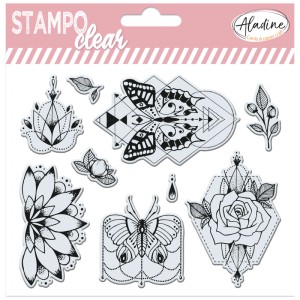 Aladine Clear Stamps Set mit Blumen- und Schmetterlingsmotiven, ideal für Scrapbooking und Kartengestaltung.