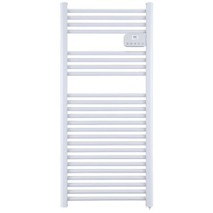 Radiatore bagno Kibernetik bianco in alluminio, 750W, con display digitale e barre orizzontali.