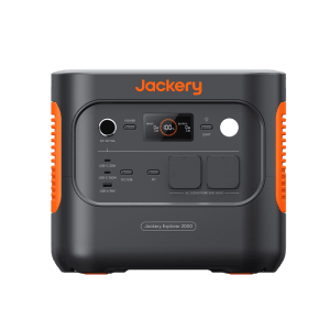 Jackery Powerstation E2000 v2 : Centrale électrique compacte grise avec des accents orange et un affichage numérique.
