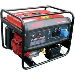 Groupe électrogène AL-KO 6500 D-C avec réservoir de 25 litres, rouge, avec cadre noir et divers branchements.