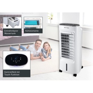 Rafraîchisseur d'air blanc Sonnenkönig Air Fresh 7 dans le salon. Avec panneau tactile, réservoir d'eau, roulettes. Refroidit, purifie, humidifie.