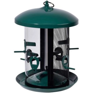 Alimentatore per uccelli XL con due scomparti, verde, per diversi tipi di mangime nella casetta per uccelli.