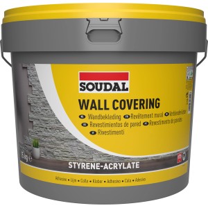 Soudal Verblenderkleber 15kg im grauen Eimer mit gelbem Deckel.