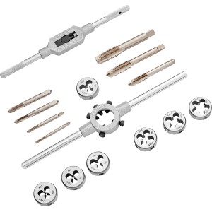 Jeu de tarauds et filières LUX Comfort M3-M12, 16 pièces avec tourne-à-gauche et porte-filière.