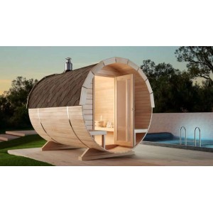 Sauna tonneau Finntherm Carrie en épicéa naturel avec bardeaux et porte en verre.