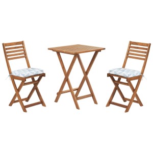 Set di mobili da balcone Fiji in legno di acacia a 3 pezzi con cuscini blu.