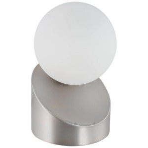 Moderne LED-Tischleuchte Alisa von Globo mit Nickel-Fuß und weißem Glas-Schirm.
