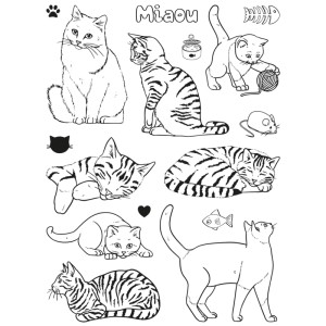 Aladine Stempel-Set Katzen: Motive von Katzen in verschiedenen Posen und Grössen, inklusive Stempelkissen.