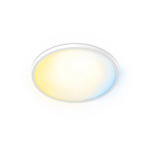 Plafonnier LED Philips Valen, rond, blanc, en plastique, avec température de couleur réglable.