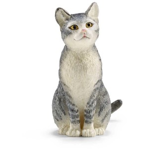 Gatto seduto Schleich Farm World, grigio tigrato, statuetta animale dettagliata.