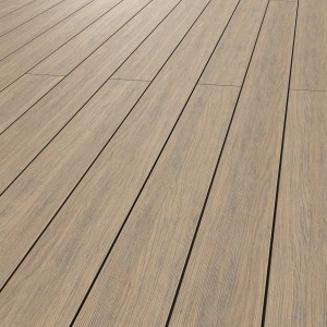Lames de terrasse WPC brun-gris fumé avec surface rainurée pour terrasses et balcons.