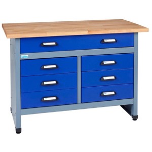 Banco da lavoro Küpper modello 12127 con 7 cassetti e piano in legno, larghezza 1200 mm.