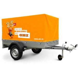Remorque Stema AN 750 avec bâche haute OBI 60 cm, bâche de protection orange.