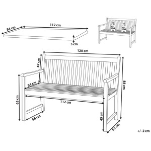 Banc de jardin Beliani Vivara acacia: dimensions 120x88x61 cm, coussin 112x54x5 cm. Max. 160 kg par personne.