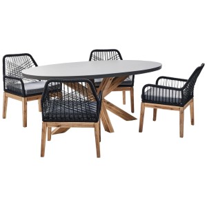 Ensemble de jardin Beliani Oristano: Table ovale en fibrociment, 4 chaises tressées noires avec cadre en acacia et coussins.