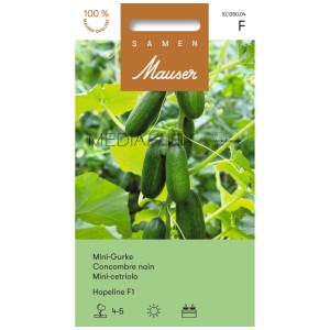 Sachet de graines de mini-concombre Hopeline F1 avec illustration de la plante.