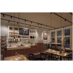 Lampadina LED Paulmann Arc Globe vetro fumé E27 in un bar, luce calda, finitura dorata.