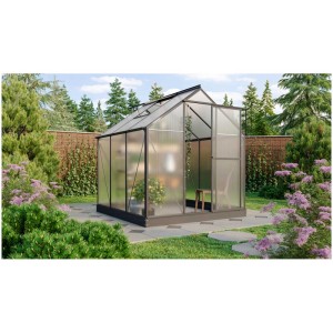 Schwarzes Vitavia Gewächshaus Triton 3800 mit Hohlkammerplatten, 198x193 cm, im Garten.