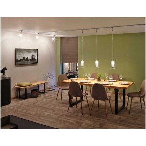Sala da pranzo con lampade a riflettore LED GU10 Paulmann su binario, luce bianca calda.
