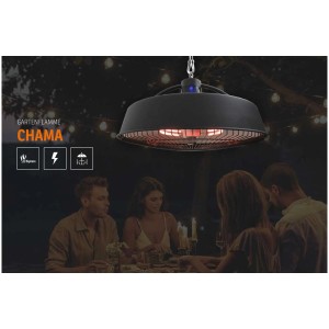 Sonnenkönig Chauffage de terrasse Chama, un radiateur de plafond noir au-dessus d'un groupe.