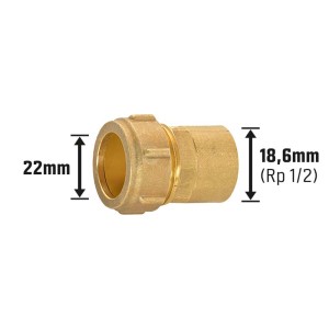 Raccordo a compressione in ottone, 22 mm x 18,6 mm (Rp 1/2), per impianti idraulici e di riscaldamento.