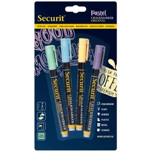 Marqueurs craie pastel, lot de 4, couleurs vert, bleu, jaune et violet.
