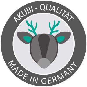 Label de qualité Akubi Made in Germany avec tête de cerf stylisée.