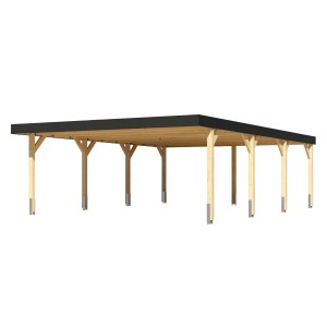 Karibu Doppelcarport aus Leimholz, naturbelassen, mit anthrazitfarbener Dachblende.