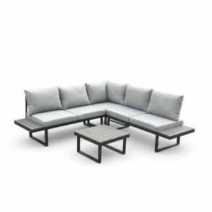 Set lounge Pisa Greemotion grigio-nero, 4 pezzi con tavolo e divano angolare. Arredo giardino per patio e balcone.