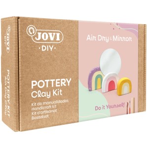 Jovi DIY-Töpfer-Set lufttrocknend Spiegel. Bastel-Kit Box mit Modelliermasse, Farben, Werkzeugen und fertigen Regenbogen-Spiegel-Deko.